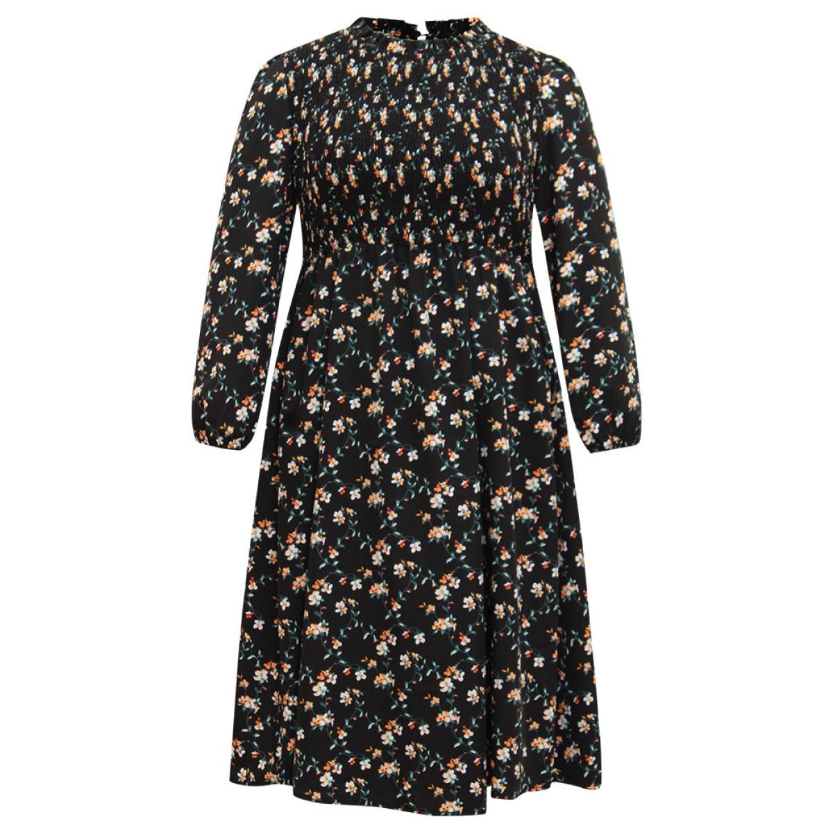 Plus Size Ditsy Floral Frill Trim Shirred Dress Black Women Elegant Elastic cuffs Mock Neck Long Sleeve Curvy Midi Dress BloomChic 18-20/2X Product Image