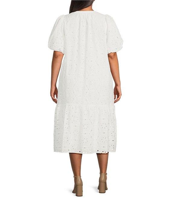 Sugarlips Plus Floral/Geometric Puff-Sleeve Eyelet Embroidered Midi Shift Dress Product Image