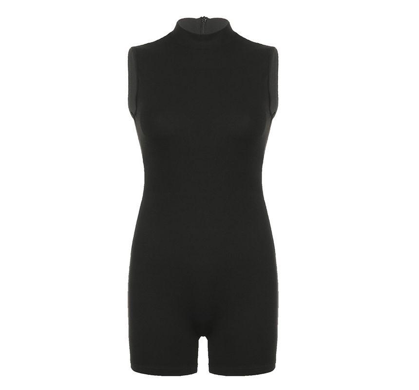Sleeveless Turtleneck Plain Romper Product Image
