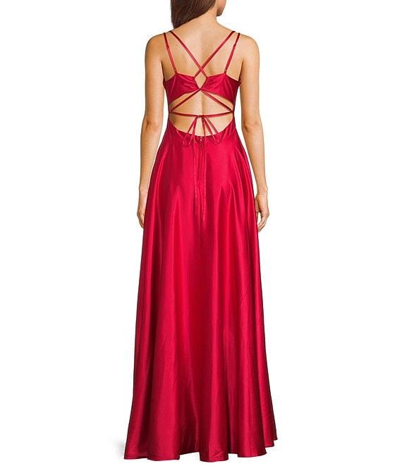 B. Darlin Front Slit Ball Strappy Back Satin Gown Product Image