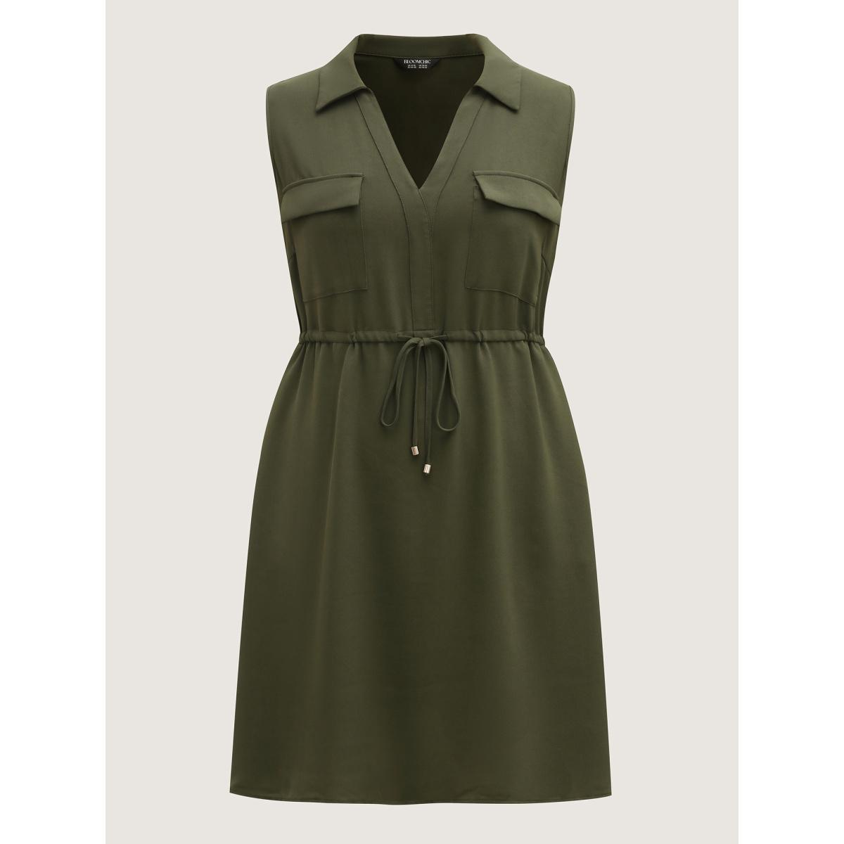 Plus Size Waist Drawstring Pockets Solid Midi Dress ArmyGreen Women Leisure Drawstring Polo Sleeveless Curvy BloomChic 26/4X Product Image