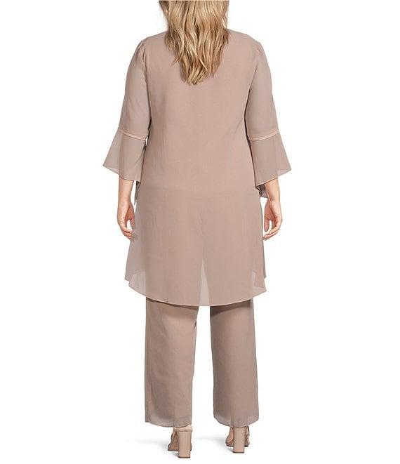 Le Bos Plus Size Georgette 3/4 Bell Sleeve Embroidered Sequin Scoop Neck 3-Piece Pant Set Product Image