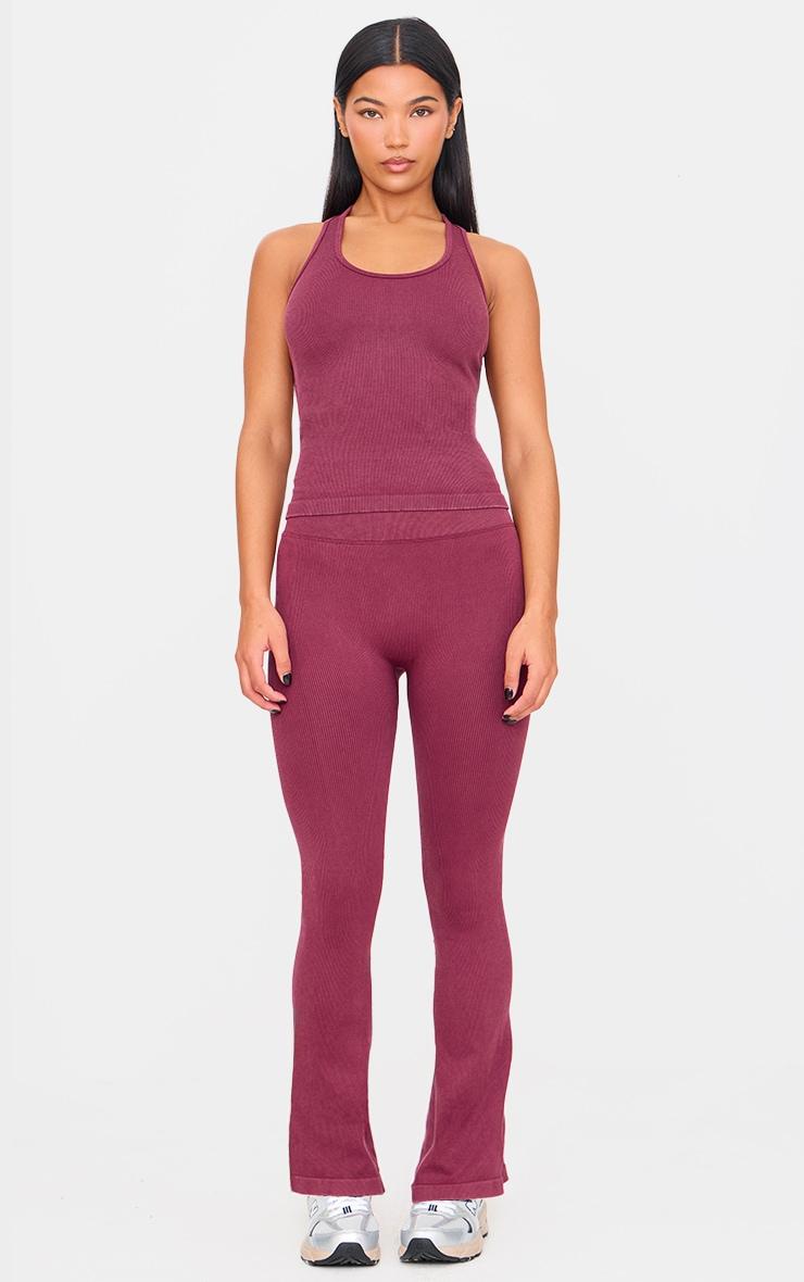 Deep Burgundy Acid Wash Seamless Rib Halter Neck Gym Top Product Image