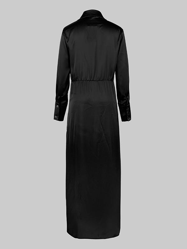 Long Sleeves Loose Solid Color Lapel Collar Maxi Shirt Dresses Product Image