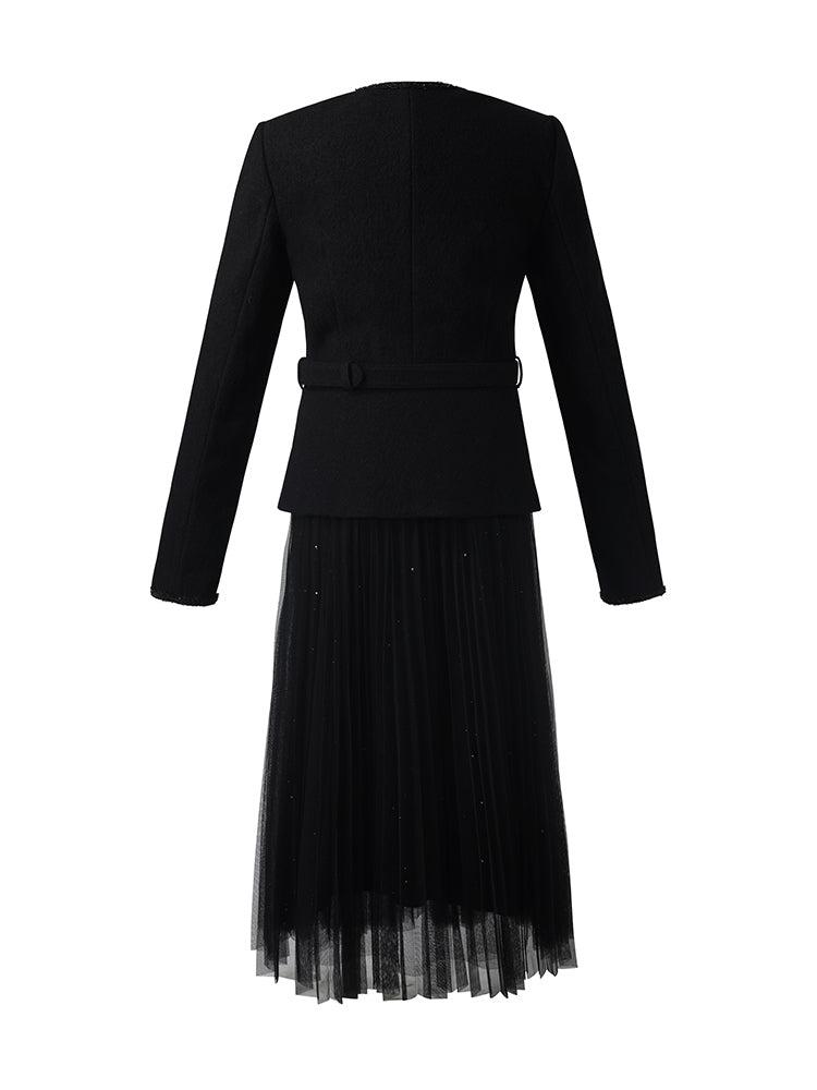 Wool Crop Jacket And Tulle Skirt Two-Piece Set With Belt Product Image