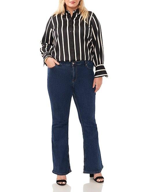 Vince Camuto Plus Size Charmeuse Striped Point Collar Long Sleeve Button Down Shirt Product Image