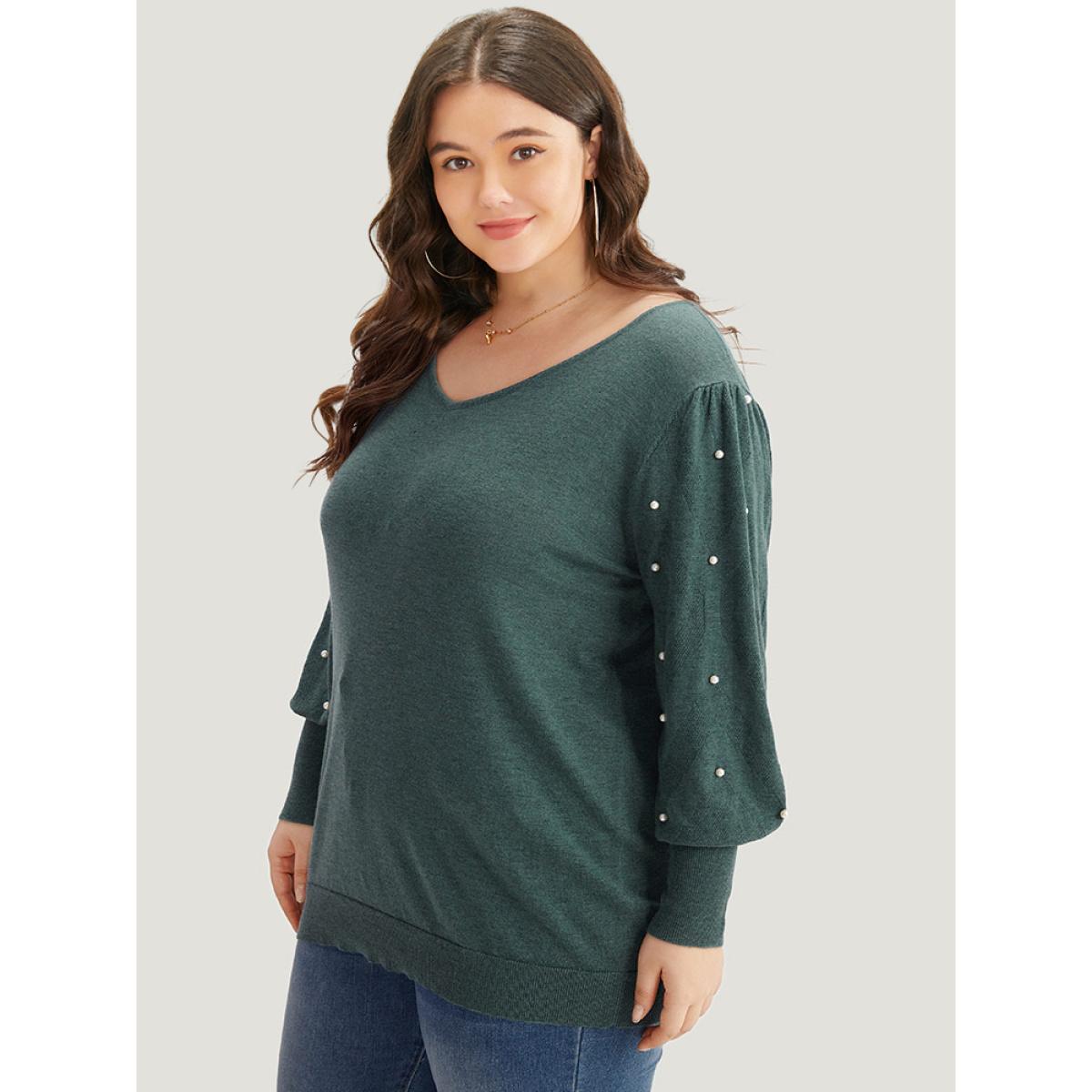 Plus Size Supersoft Essentials Solid Pearl Beaded Elastic Cuffs Pullover DarkGreen Women Casual Long Sleeve V-neck Dailywear Pullovers BloomChic 26/4X Product Image