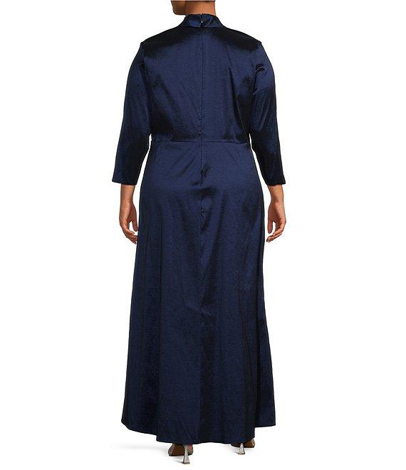 Marina Plus Size Stretch Taffeta Surplice V-Neck 3/4 Sleeve Faux Wrap Dress Product Image