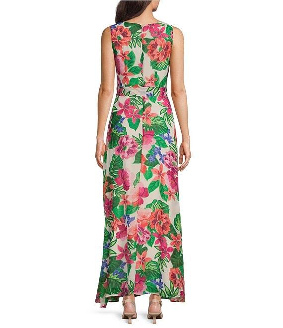 Leslie Fay Chiffon Crew Neck Sleeveless Tie Sash Floral A-Line Maxi Dress Product Image