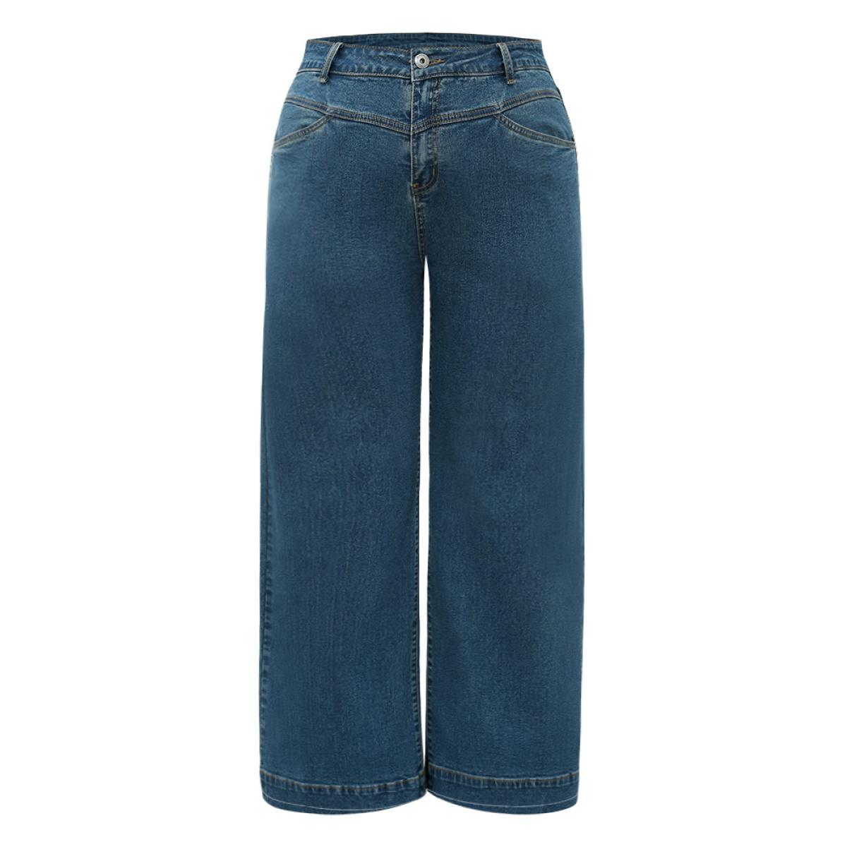 Plus Size Solid Patchwork Wide Leg Medium Wash Jeans Women Cerulean Casual Plain Plain High stretch Pocket Jeans BloomChic 14/1X Product Image