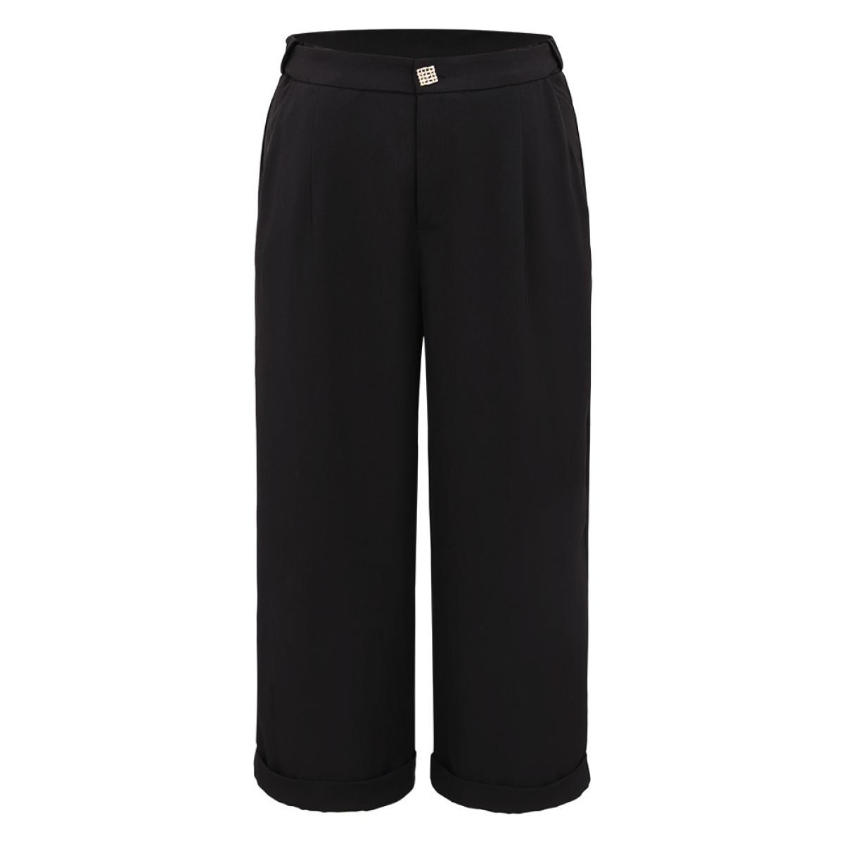 Plus Size Plain Metal Detail Pocket Wide Leg Pants Women Black Office Wide Leg High Rise Office Pants BloomChic 18-20/2X Product Image