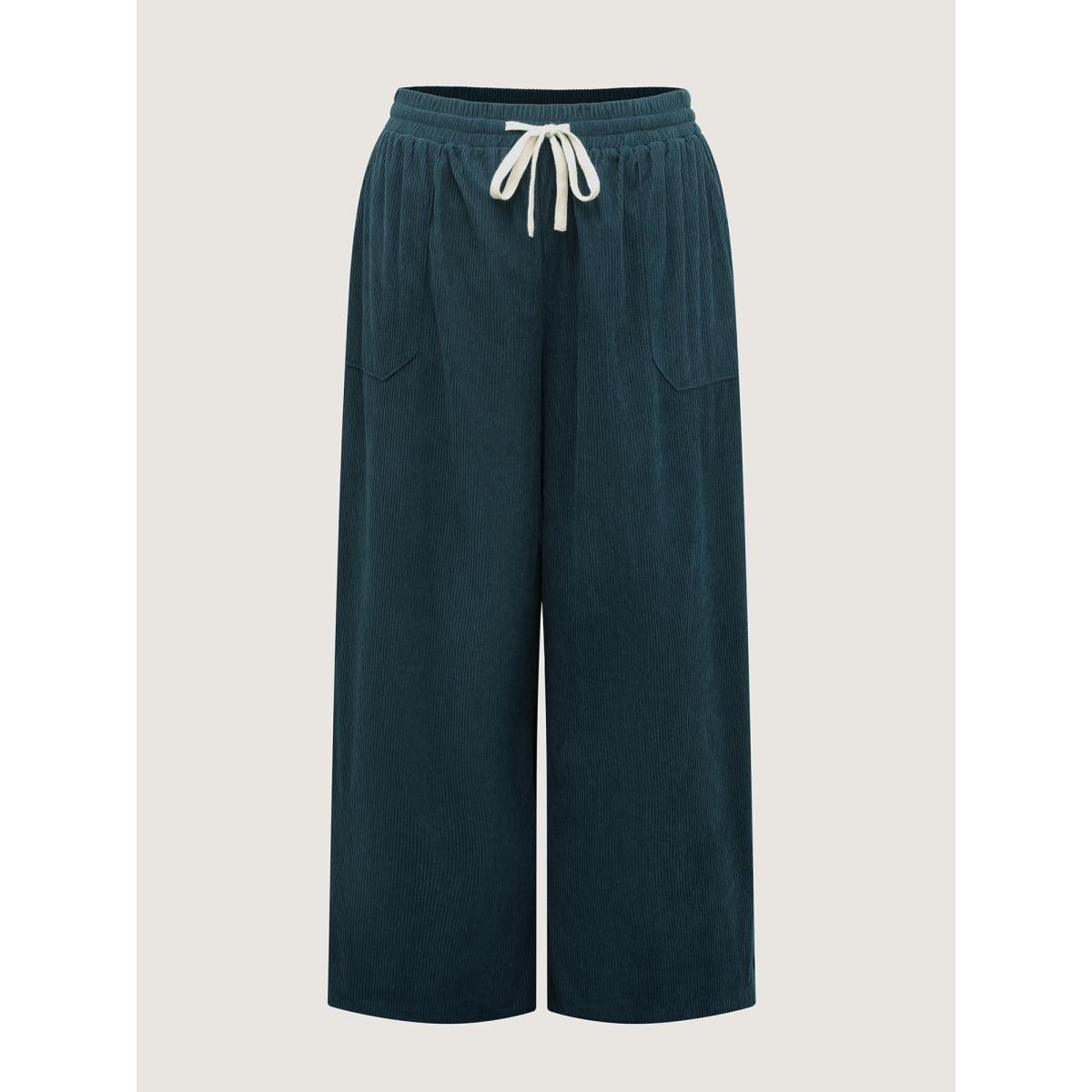 Plus Size Textured Slit Drawstring Wide-Leg Pants Women Cyan Leisure Loose Mid Rise Casual Pants BloomChic 12/L Product Image