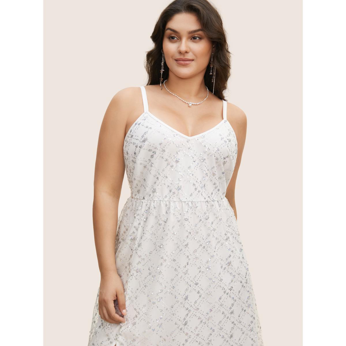 Plus Size Geometric Sequin Mesh Split Hem Midi Dress Silver Women Cocktail Texture V-neck Sleeveless Curvy BloomChic 14-16/1X Product Image