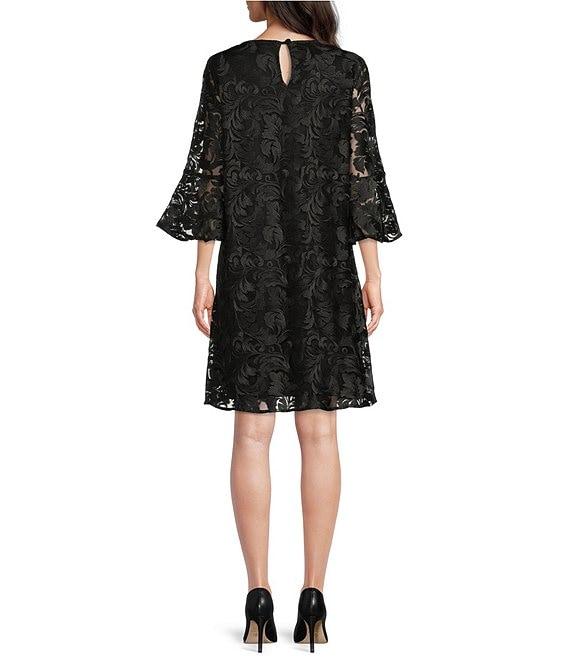 Caroline Rose Bella Soiree Embroidered Mesh Lace 3/4 Bell Sleeve Shift Dress Product Image