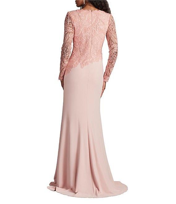 Tadashi Shoji Round Neck Illusion Long Sleeve Asymmetrical Leaf Embroidered Crepe Sheath Gown Product Image
