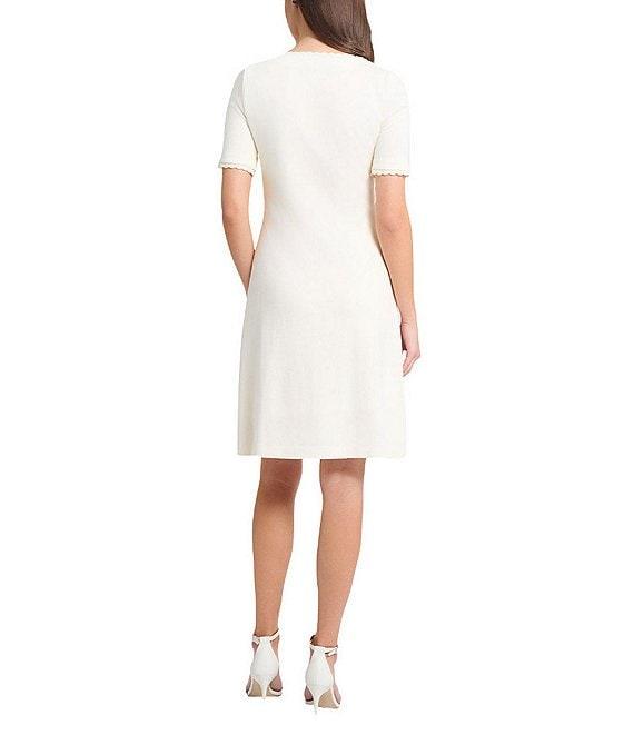 Ming Wang Soft Knit Floral Pattern Square Neck Short Sleeve Scallop Trim Dress Product Image