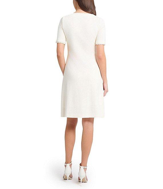 Ming Wang Soft Knit Floral Pattern Square Neck Short Sleeve Scallop Trim Dress Product Image
