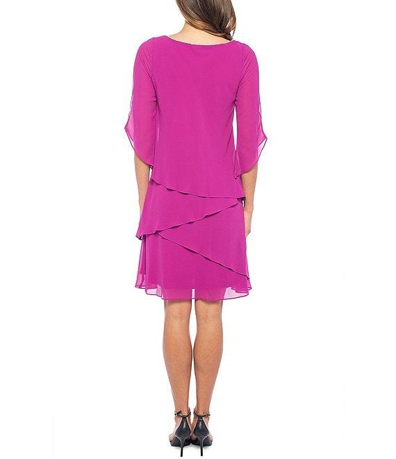Marina 3/4 Split Sleeve Crew Neck Tiered Skirt Chiffon Sheath Dress Product Image