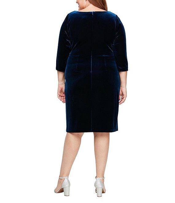 Alex Evenings Plus Size Stretch Velvet Surplice V-Neck 3/4 Sleeve Embellished Ruffle Cascade Sheath Dress Product Image