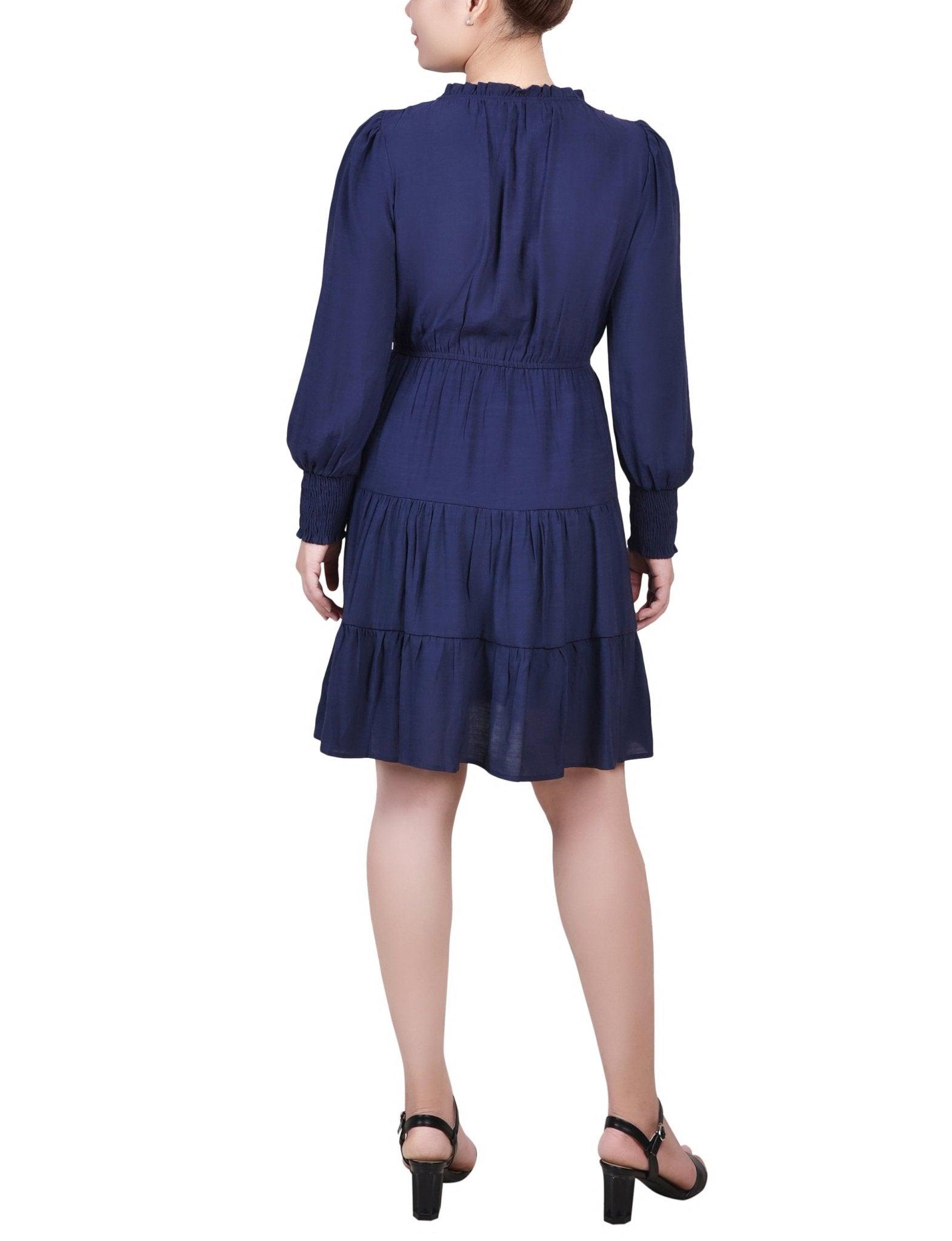 Navy Long Sleeve Tiered Dress With Ruffled Neck - Petite Product Image
