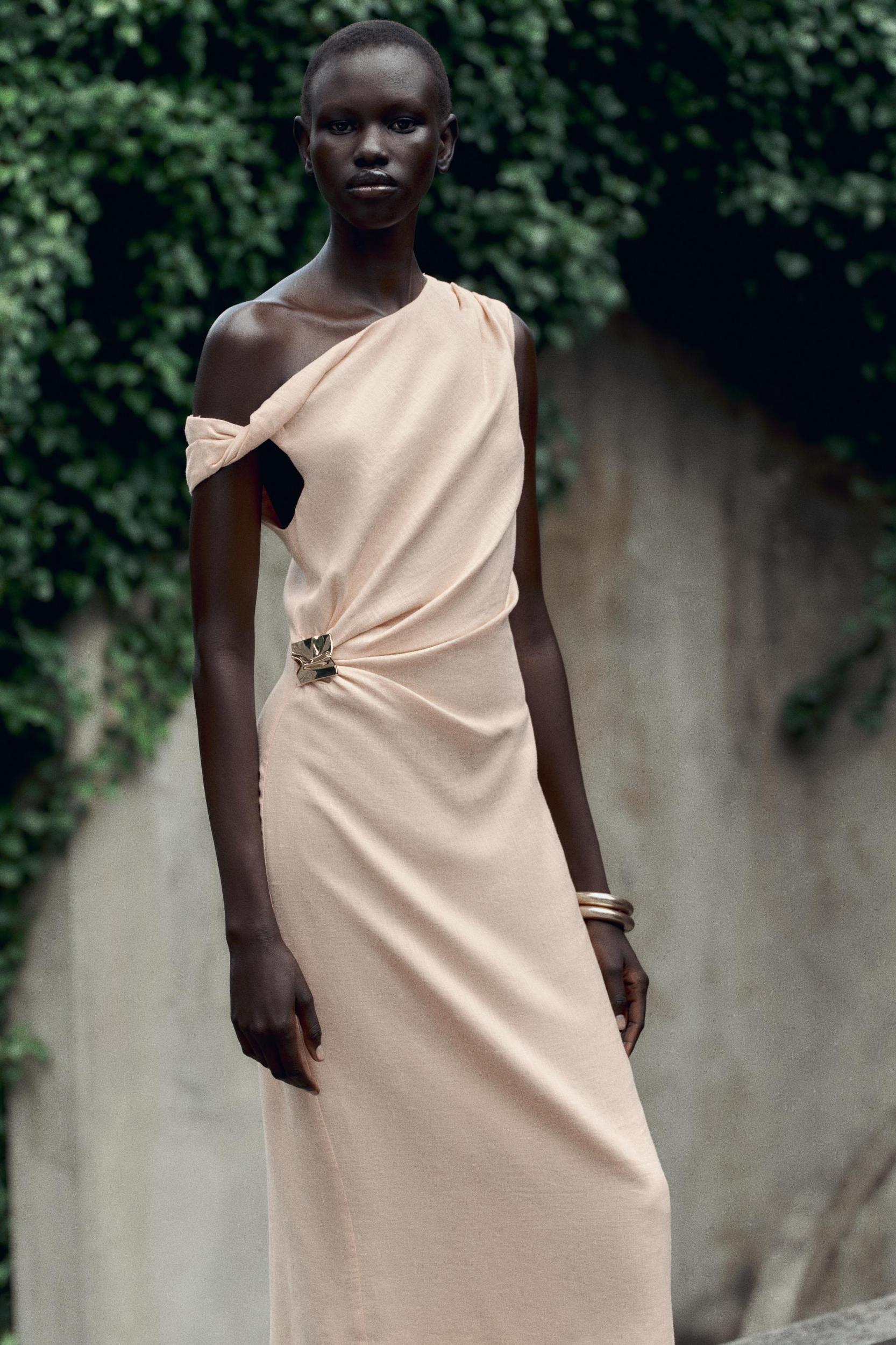 ASYMMETRIC LINEN-BLEND MIDI DRESS WITH APPLIQUÉ Product Image