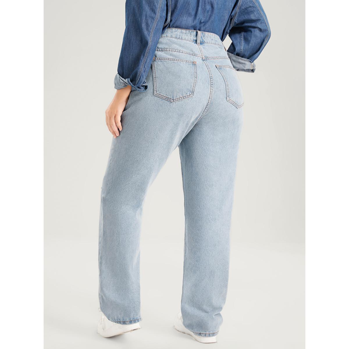 Plus Size Boyfriend Wide Leg Non Stretchy High Rise Light Wash Distressed Jeans Women LightBlue Casual Plain Distressed No stretch Pocket Jeans BloomChic 20/2X Product Image