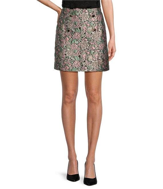Abbey Glass Jessica Floral Jacquard High Rise Button Front Mini A-Line Coordinating Skirt Product Image