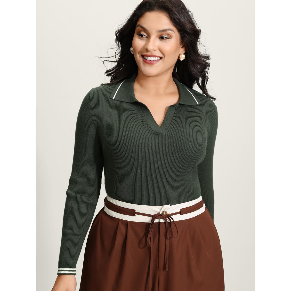 Plus Size Supersoft Polo Collar Textured Fitted Pullover ArmyGreen Women Office Skinny Long Sleeve Polo Office Pullovers BloomChic 14-16/1X Product Image