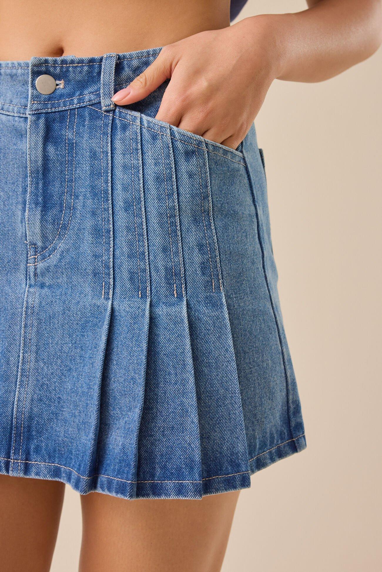 Lena Pleated Denim Mini Skirt Product Image