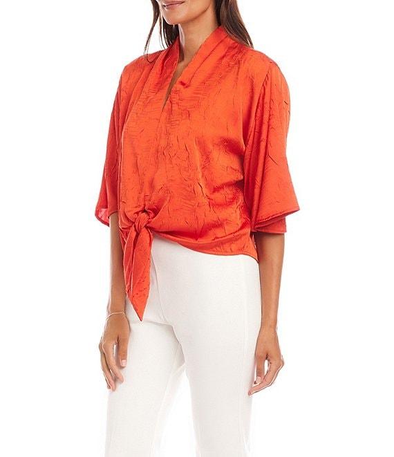 Karen Kane Crushed Satin Tie-Front V-Neck Elbow Flare Sleeve Top Product Image