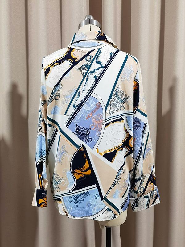 Long Sleeves Loose Buttoned Printed Split-Joint Lapel Blouses&Shirts Tops Product Image