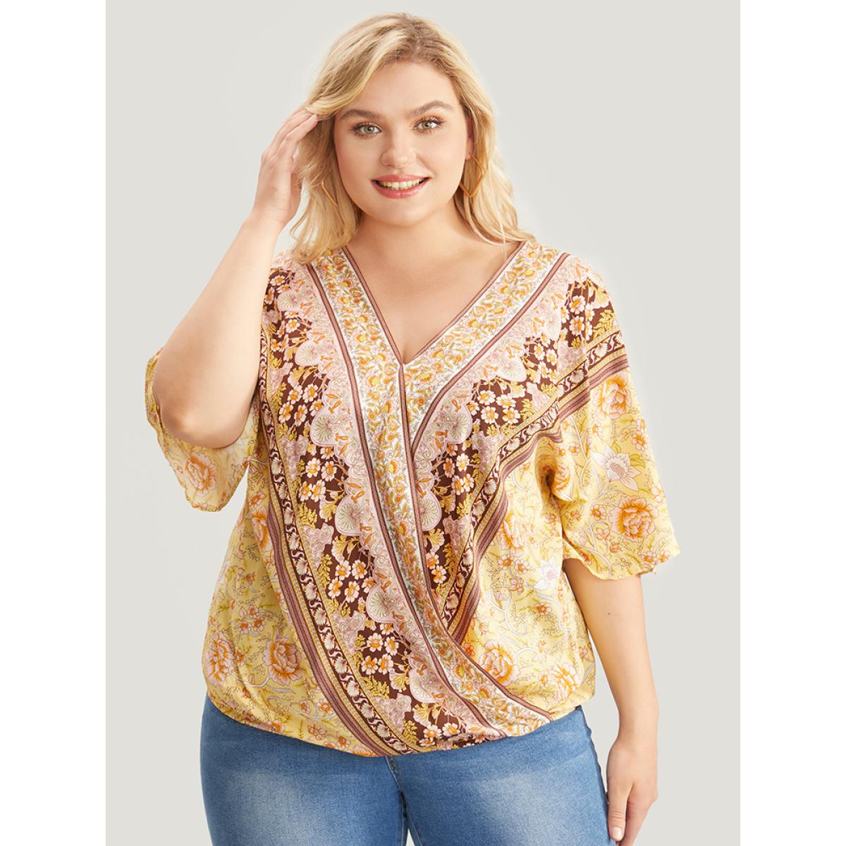 Plus Size Yellow Floral Print Surplice Neck Blouse Women Vacation Half Sleeve V-neck Dailywear Blouses BloomChic 26/4X Product Image
