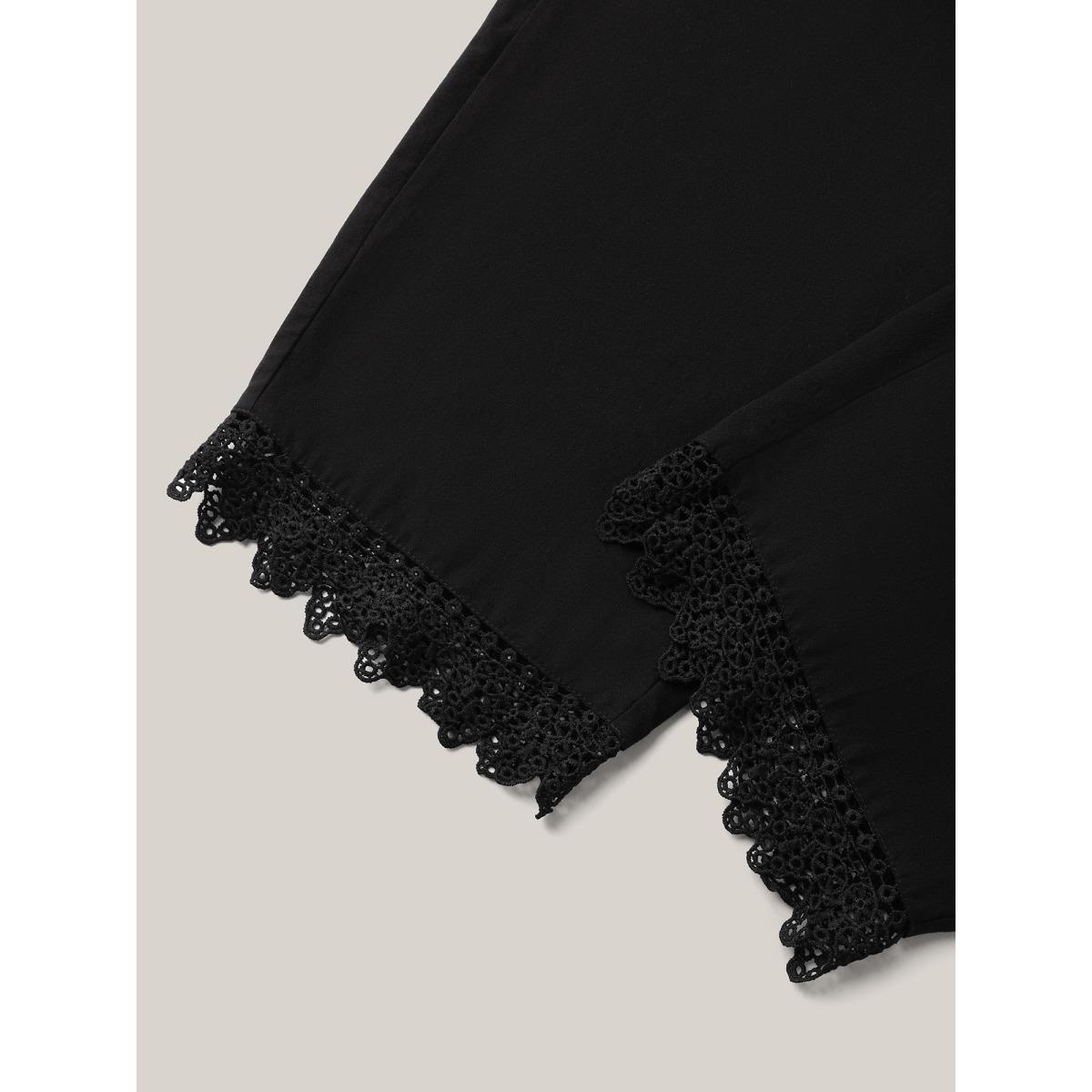 Plus Size Drawstring Scalloped Lace Hem Pants Women Black Leisure Straight Leg Mid Rise Casual Pants BloomChic 12/L Product Image