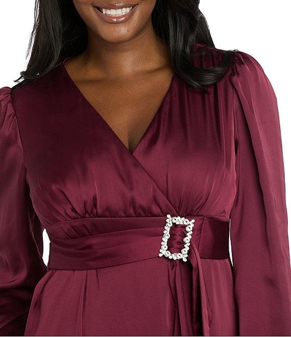 R & M Richards Satin V-Neck Long Balloon Sleeve Belted Rhinestone Buckle Faux Wrap Gown Product Image