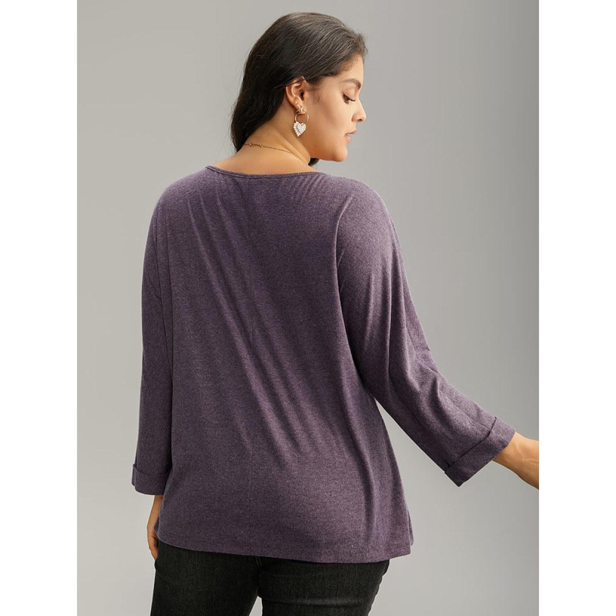 Plus Size Solid Heather Round Neck Roll Dolman Sleeve T-shirt Mauve Women Casual Plain Plain Round Neck Dailywear T-shirts BloomChic 26/4X Product Image