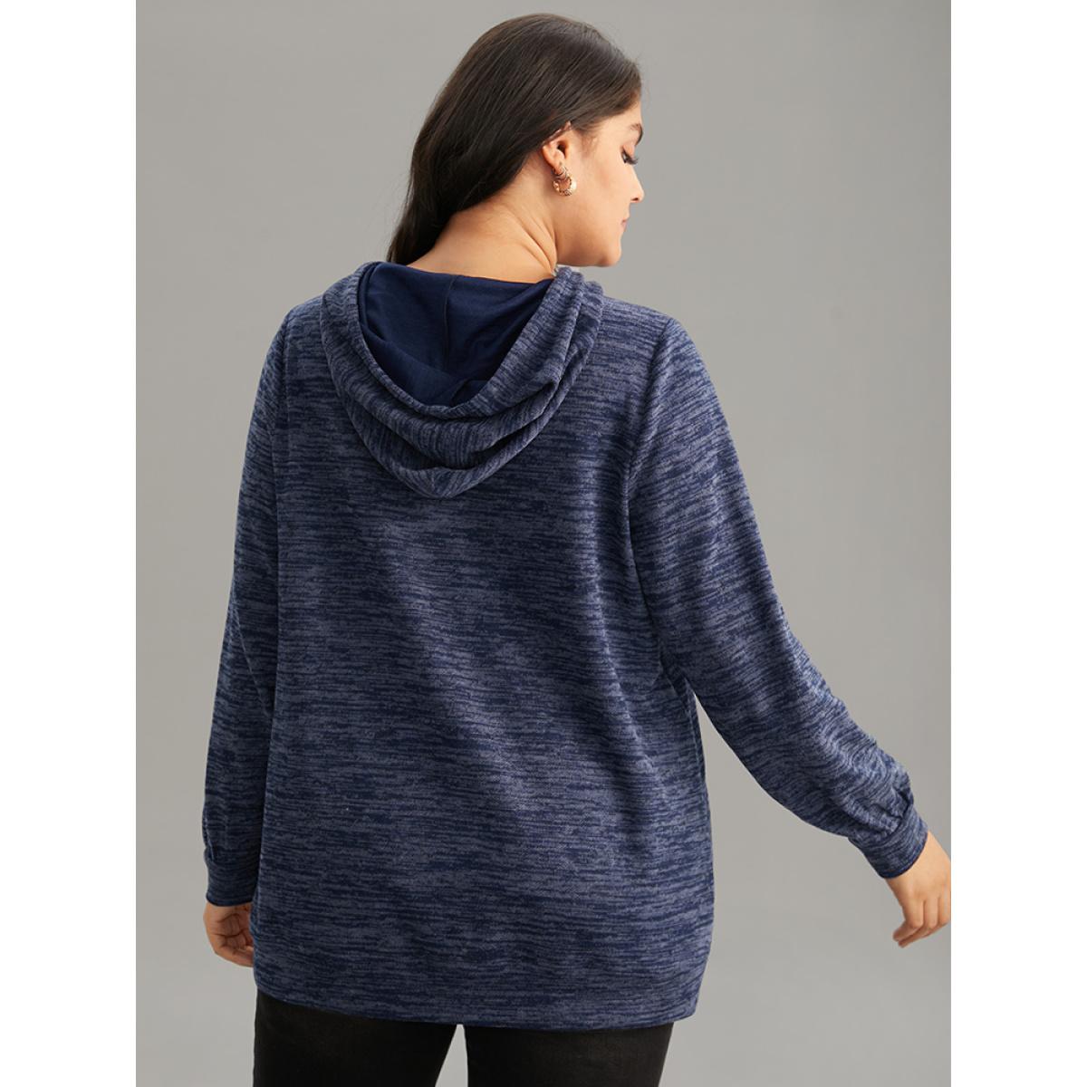 Plus Size Heather Hooded Button Up Pocket Sweatshirt Women Indigo Casual Plain Hooded Dailywear Sweatshirts BloomChic 14-16/1X Product Image
