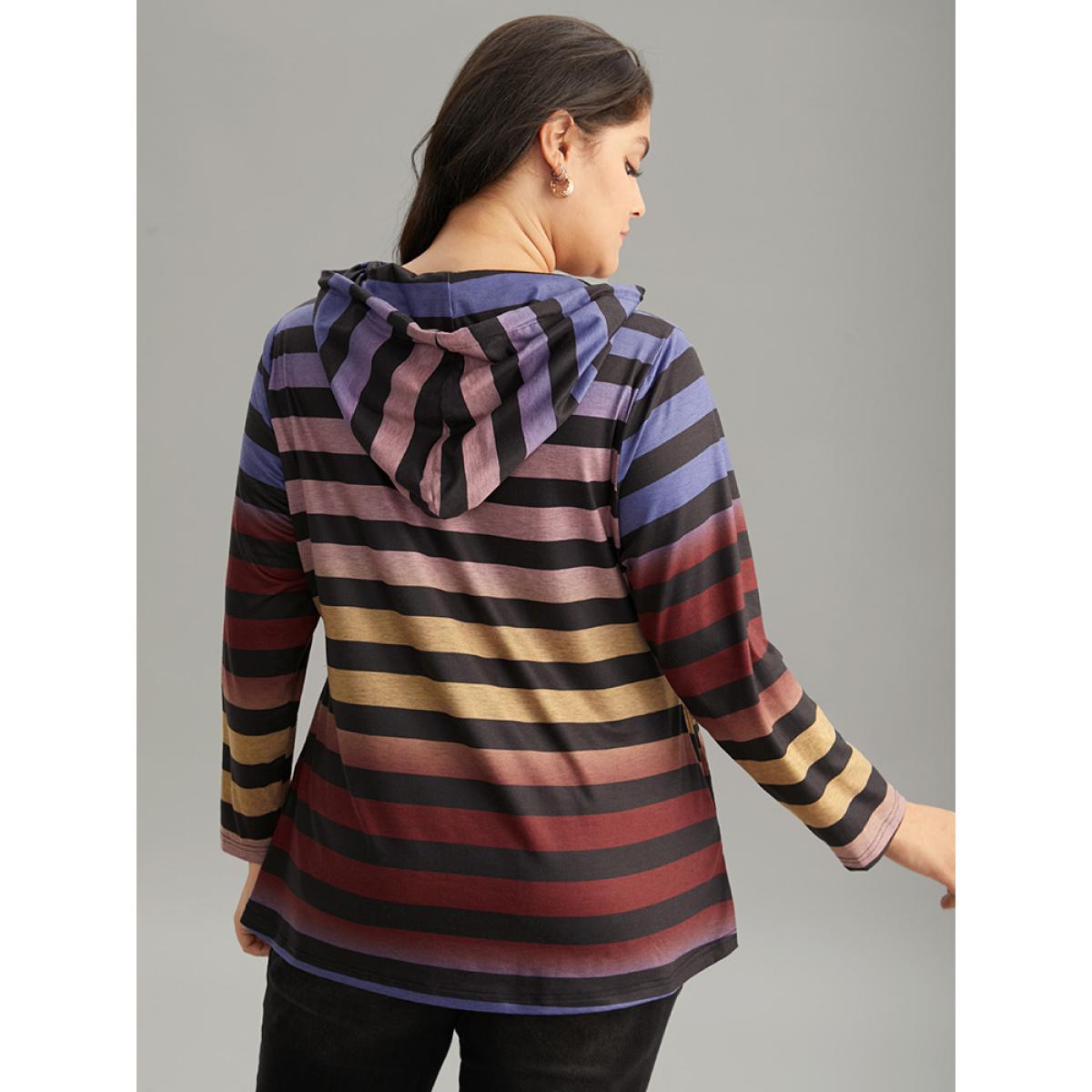 Plus Size Colour Striped Ombre Hooded Drawstring T-shirt Multicolor Women Casual Printed Striped Hooded Dailywear T-shirts BloomChic 10/M Product Image