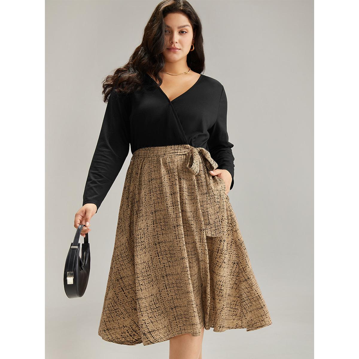 Plus Size Patchwork Pocket Belted Long Sleeve Dress Tan Women Elegant Belted V-neck Long Sleeve Curvy Midi Dress BloomChic 22-24/3X Product Image
