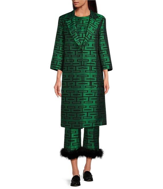 Tara Jarmon Jacquard Graphic Print Notch Collar 3/4 Sleeve Pocketed Long Coat Product Image