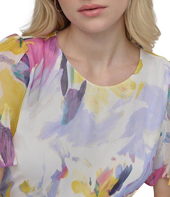 DKNY by Donna Karan Woven Floral Print Crew Neck Short Sleeve Fit and Flare Dress Product Image