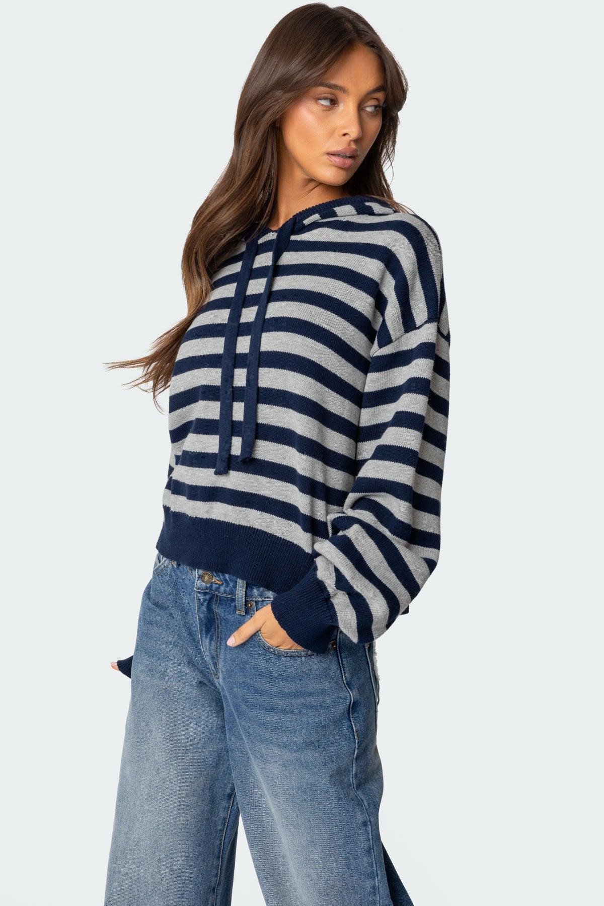 Striped Hooded Knit Sweater Product Image