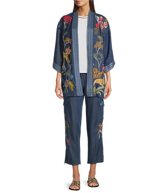 JOHNNY WAS Jane Lightweight Denim Embroidered Open Front 3/4 Bell Sleeve Kimono Jacket Product Image
