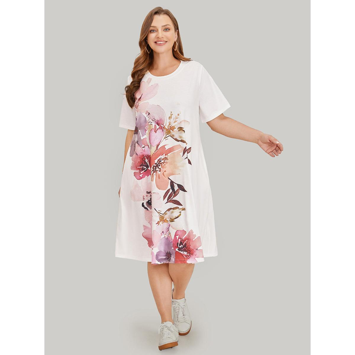 Plus Size Floral Print Pocket Contrast Midi Dress White Women Casual Pocket Round Neck Short sleeve Curvy Midi Dress BloomChic 12/L Product Image