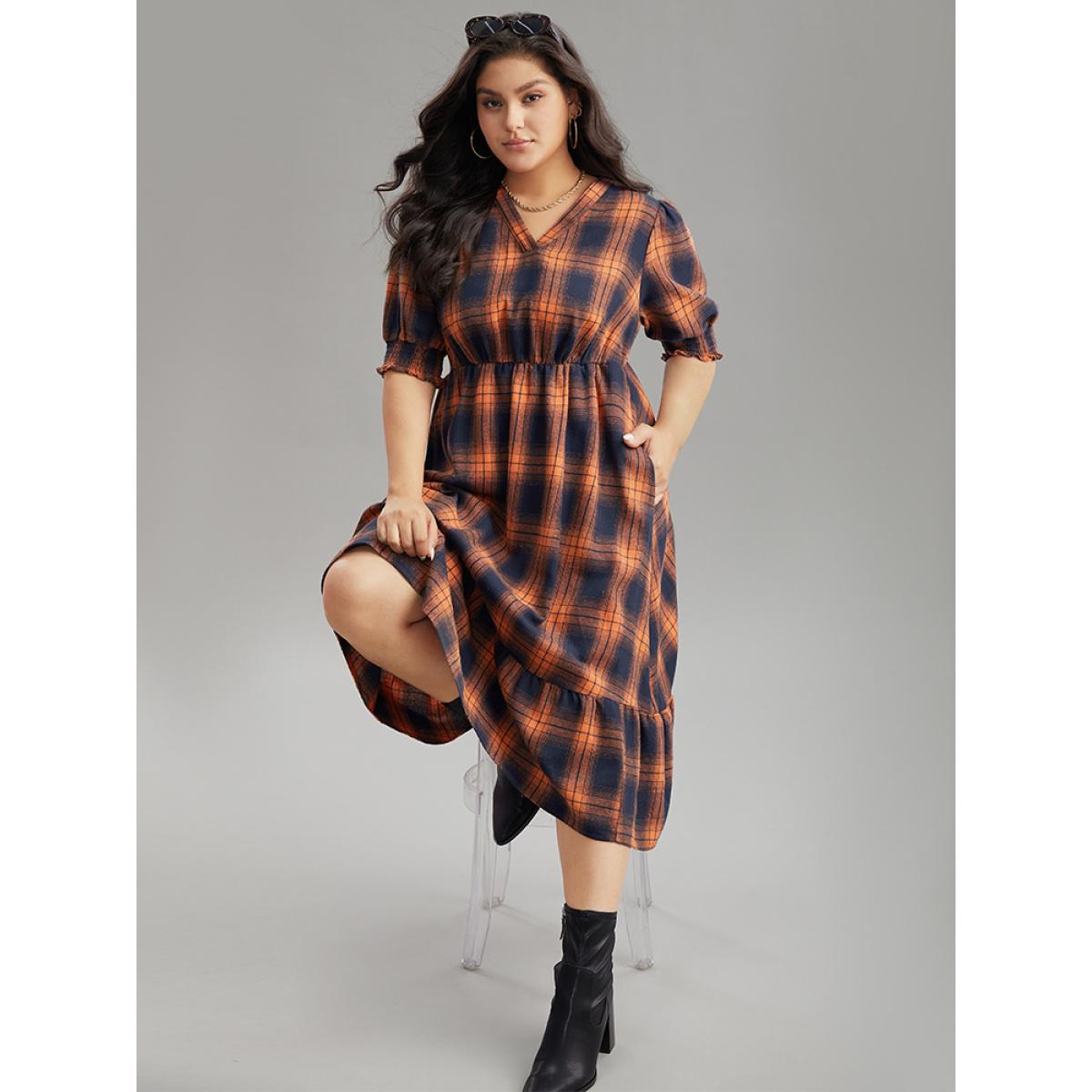Plus Size Plaid Shirred Ruffles Pocket Dress Orange Women Elegant Printed V-neck Short sleeve Curvy Midi Dress BloomChic 30/6X Product Image