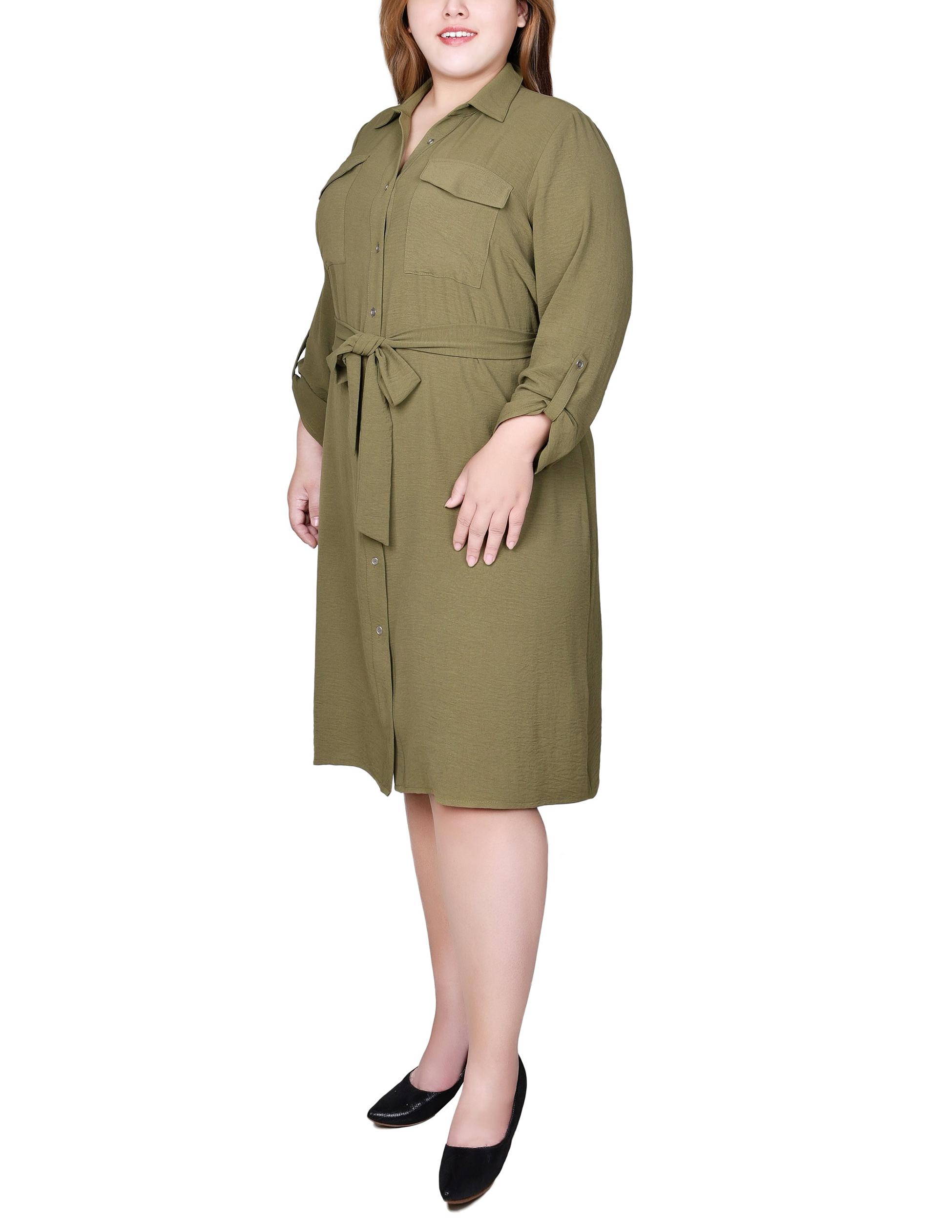 Burnt Olive Long Roll Tab Sleeve Shirtdress - Plus Product Image