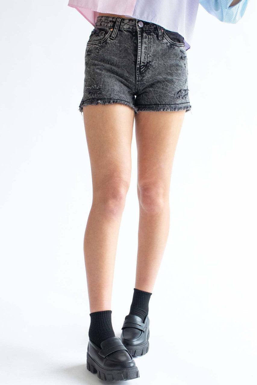 Black Washed High Rise Frayed Denim Shorts Product Image