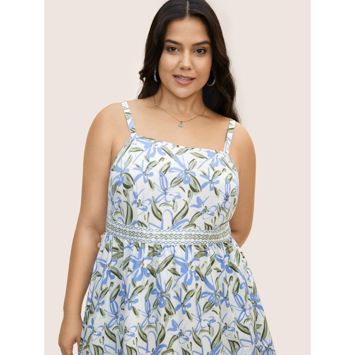 Plus Size Floral Elastic Waist Pocket Maxi Dress White Women Resort Belted Square Neck Sleeveless Curvy BloomChic 26/4X Product Image