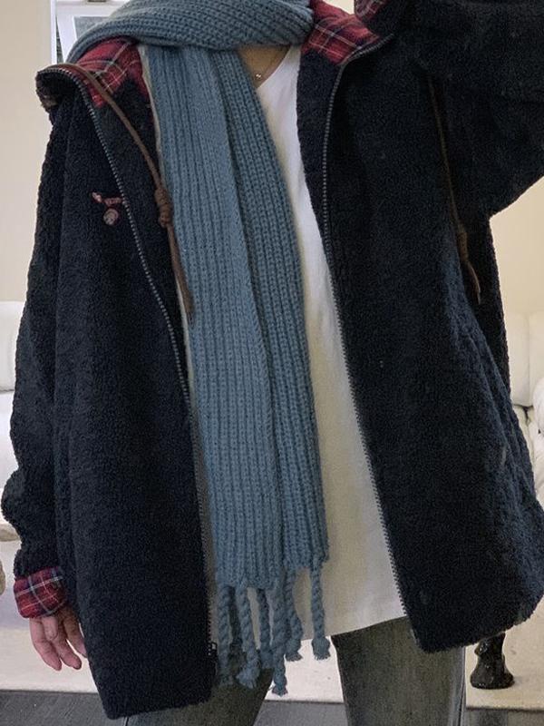 Plaid Lambswool Splice Embroidered Hooded Zip Up Jacket Product Image