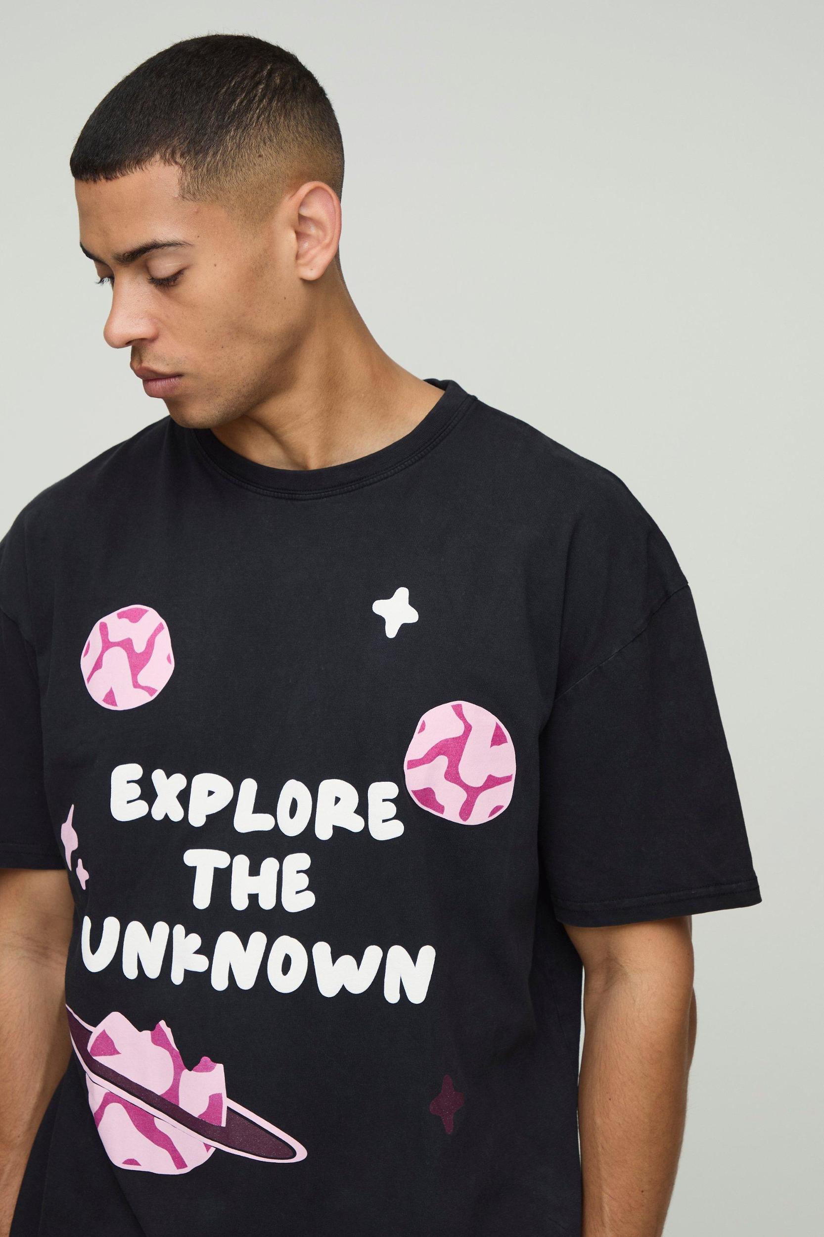 Black Oversized Puff Print Planet Washed Graphic T Shirt | boohooMAN USA Product Image