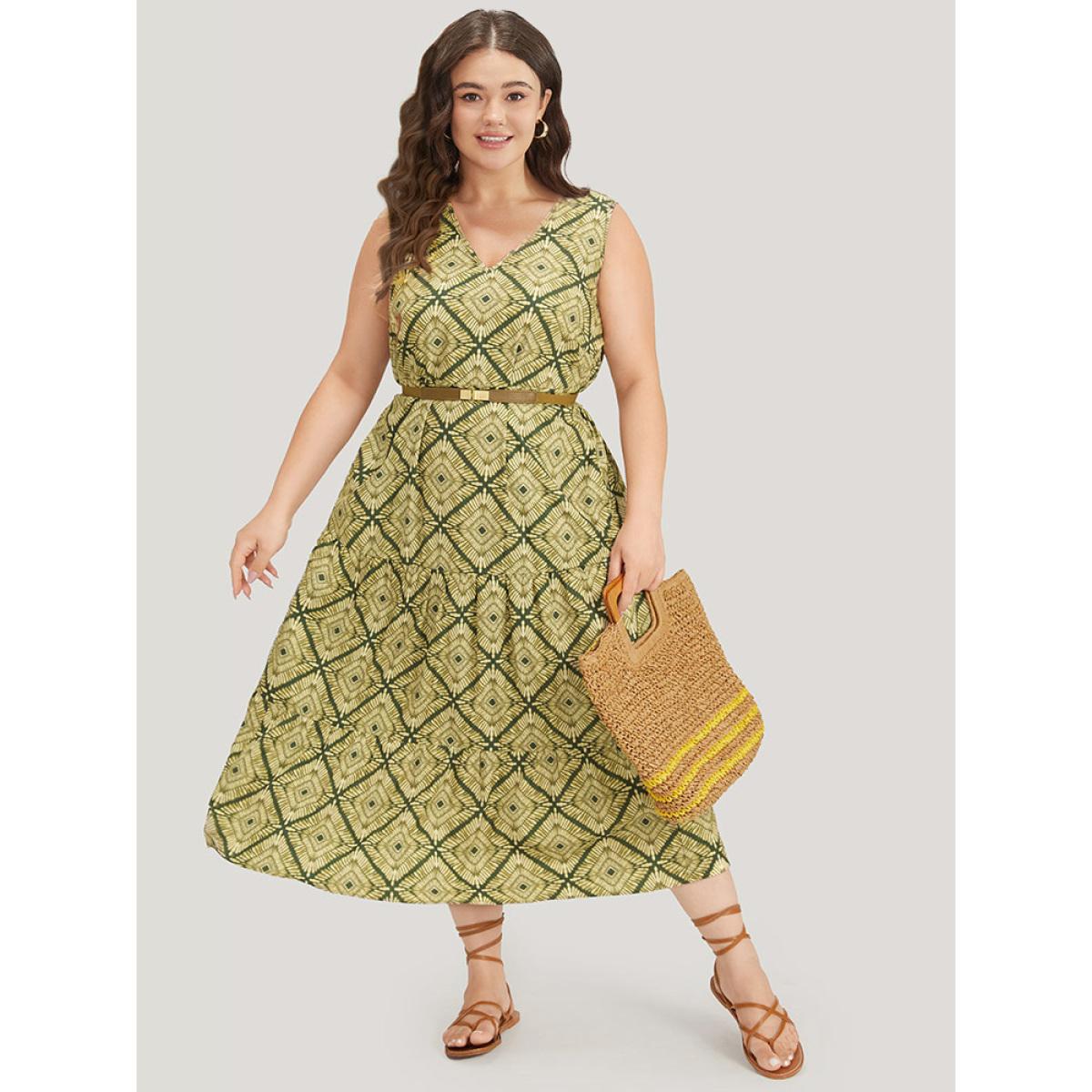 Plus Size Geometric Print Pocket Tank V Neck Dress Moss Women Vacation Printed V-neck Sleeveless Curvy Midi Dress BloomChic 14-16/1X Product Image